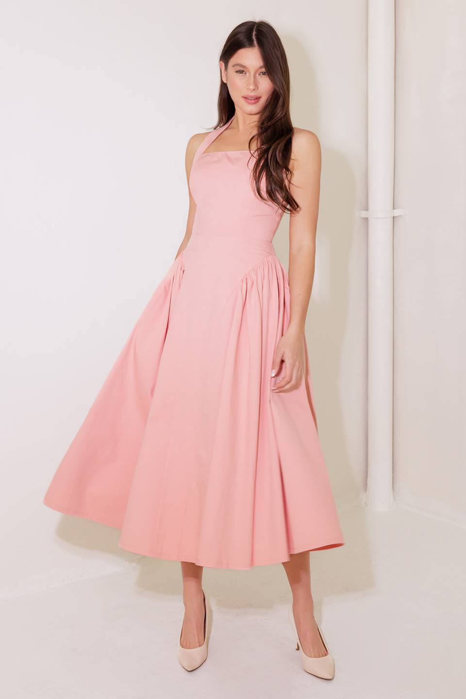 CAUGHT IN THE RAIN PINK WOVEN MIDI DRESS Flying Tomato